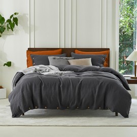 EVERLY100% Pure Linen Duvet Cover Set King Size 104X90Inch 3pcs (1 Duvet Cover,2 Pillowcases) Soft and Breathable for All Season with Coconut Button Closure, Suitable for Hot Sleepers-Dark Grey-King