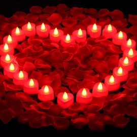 Cridoz - Pétalos de Rosa Roja Artificial 2000 Piezas con 24 Velas LED Rojas para Decoración Romántica
