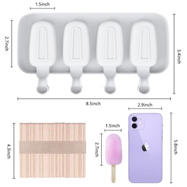 Ouddy Life Popsicle Molds Set of 2, Ice Pop Molds Silicone 4 Cavities Ice Cream Oval Cake Pop Mold with 50 Wooden Sticks for DIY Popsicle, Clear