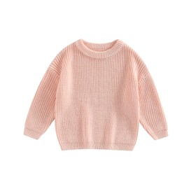 Edhomenn Toddler Baby Knit Sweaters Round Neck Long Sleeve Solid Color Sweatshirt Loose Ribbed Pullovers Infant Boys Girls Fall Outfits (01 Pink, 6-9 Months)