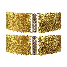 CT COTIM COYIN 2 Pack Girls Sequin Sparkly Metal Interlooking Buckles Elastic Waist Belt, Glitter Stretchy Belt for Women, Gold, Total length: 24.8" (63cm)