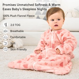 Unnivoll Fleece Baby Sleep Sack 12-18 Months Long Sleeve 2.0 Tog Baby Wearable Blanket with 2-Way Zipper Warm Sleeping Sack for Toddler Infant - Large Pink Strawberry