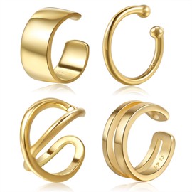 Ear Cuffs Gold Plated 925 Sterling Silver Fake Ear Cuffs Non Piercing Ear Conch Clip on Cartilage Earrings for Women Men | 4 Various Styles