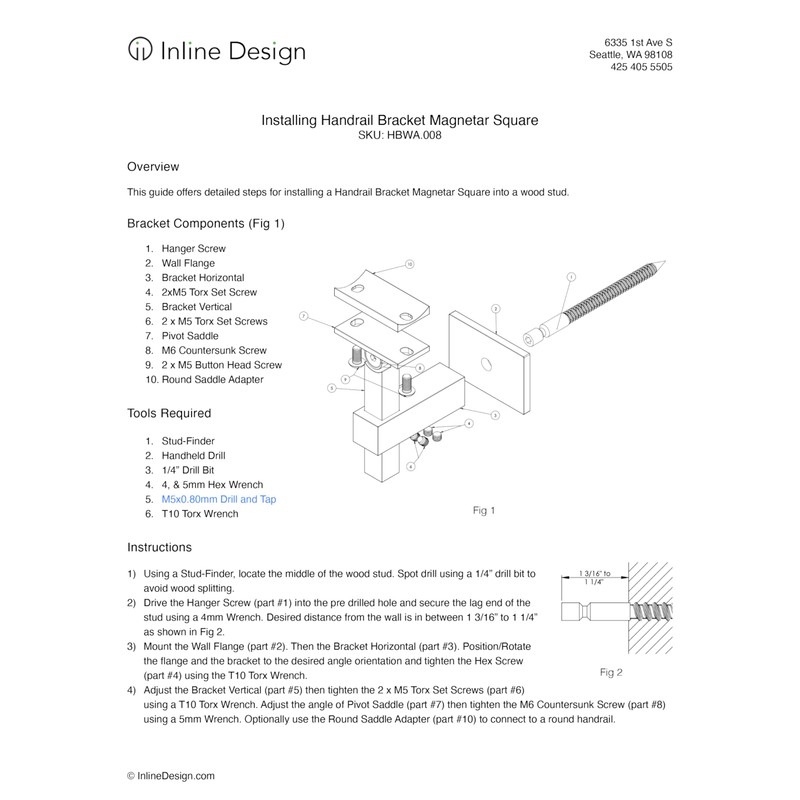 Handrail Bracket Stainless Steel Square Adjustable by Inline Design (Black