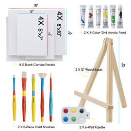 MEEDEN Acrylic Painting Brushes Set: 34 Piece Painting Kit with 2 Pcs Wood Easel, 2 Pcs 6 Colors 12ml Acrylic, 10 Brushes, 8 Canvas - Paint and Sip Kit for Adults Kids Students Artists Beginner