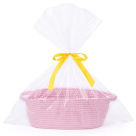 SweetMemo Gift Basket Empty with Handles, 12x8x5 inch - Small Cute Woven Rope Basket for Baby Nursery, Kids Toys - Includes Gift Bag & Ribbon, Perfect for Wedding, Baby Birthday Gifting (Pink, 1PC)