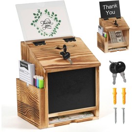 Optyuwah Wooden suggestion box, donation box, ballot box with lock, cummerkasten standing and wall mounting with chalkboard, also as a transparent donation box for office, customer centre, school
