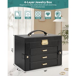 AKOZLIN Large 4-Tier Jewelry Box Leather Jewelry Storage Organizer with 3 Drawers Lockable for Women Girls Ring Necklace Earring Bracelet Watches Holder with Mirror Black