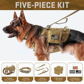Forestpaw Tactical Dog Harness for Large Dogs,Tactical Dog Collar with Bungee Leash Set,No Pull Military Dog Harness for Walking Training,Adjustable for Medium Large Dogs,Khaki,Chest 15.5-25.5"