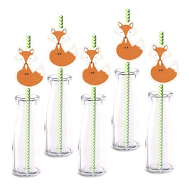 Fox straw Decor, 24-Pack Woodland Fox Baby shower Birthday Party Supply Decorations, Paper Decorative Straws