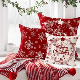 45x45cm Christmas Cushion Covers Set of 4 - Red Merry Christmas Snowman Decorative 18x18 Inch Pillow Case, Cotton Linen Covers Pillowcase for Sofa Car Home Decor Xmas Decoration (Red4-4pcs, 45cm*45cm)