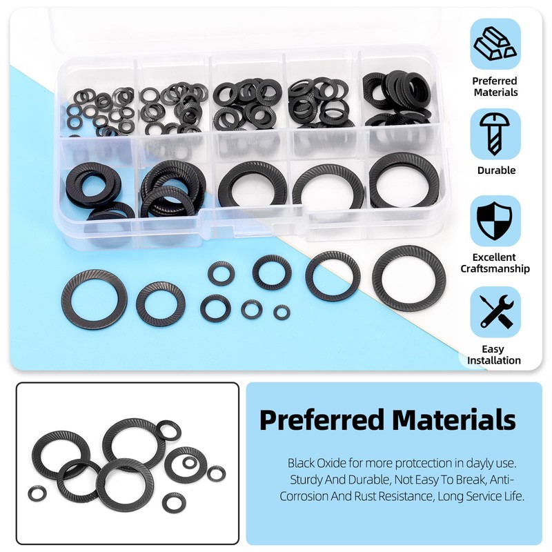 Glarks 160pcs M3/4/5/6/8/10/12/14/16 Double Side Lock Washer, 65Mn Steel Vibration