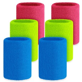 Wettarn 6 Pcs 4 Inch Cotton Sport Wristbands - Tennis, Basketball - Neon Pink, Neon Green, Sky Blue - For Grips, Gymnastics, Workout - Unisex, Athletes, Fitness Enthusiasts