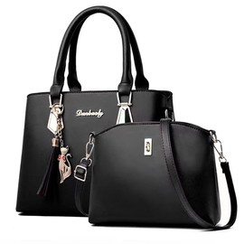 HOMTERN Women's Leather Tote Bag & Crossbody Bag Set – Large Work Tote & Stylish Shoulder Bag Premium PU Leather, Detachable Decorative Buckle Multi-Functional for Commute, Office, Daily Use (Black)
