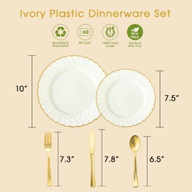 150pcs Ivory Scalloped Plastic Plates Set with Gold Rim,Fancy Disposable Dinnerware Sets Include 60 Plastic Dessert Plates,30Forks, 30Knives, 30Spoons Perfect for Wedding & Easter & Mother's Day