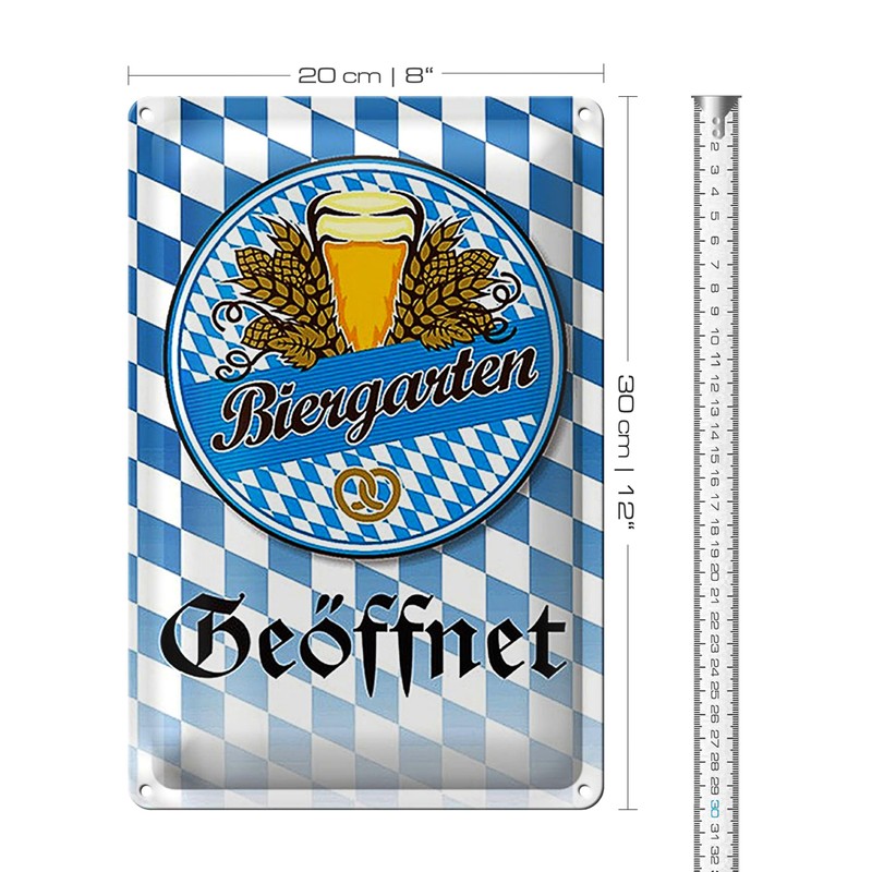 Blechschild | Biergarten | Geöffnet | Retro-Stil | 20 cm