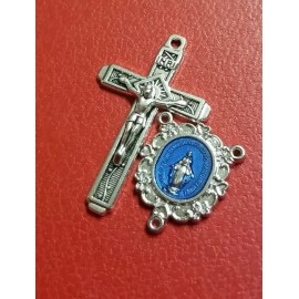 10  silver PLATED Catholic CROUSS Crucifix & blue enamel ROSARY centerpiece