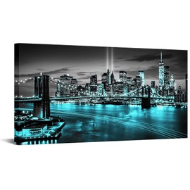 Conipit New York City Canvas Wall Art Black White Brooklyn Bridge Pictures Teal NYC Skyline Cityscape Artwork for Living Room Bedroom Modern Home Decor Framed 24''x48'' (Teal)