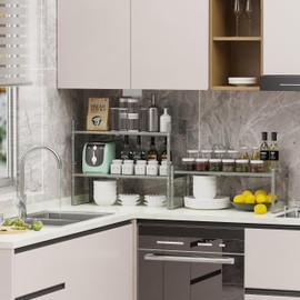 Jojocross Expandable Stackable Spice Rack Cabinet Shelf Organizer in Cabinet Shelf Kitchen Cupboard Organization Stackable Spice Rack Kitchen Pantry Countertop Storage (Gray, Large 1 Pack)