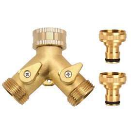 Garden Hose Splitter, 3/4 Inch 2 Way Brass Tap Y Valve Hose Connector with Individual On/Off and 2PCS 3/4 Inch Quick Connector for Home Kitchen Garden Watering