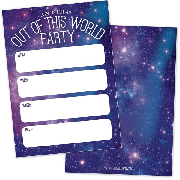 Galaxy Starry Night Birthday Party Invitations (20 Count with Envelopes) - Outer Space Party Invites - Out of This World Universe Stars Fill in The Blank Announcements for Kids and Adults