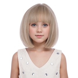 PATTNIUM Ash Blonde Bob Wig Child Kids Short Mixed Blonde Bob Wig with Bangs Girls Cosplay Party Synthetic Wig Rose Net Daily Wear Wig