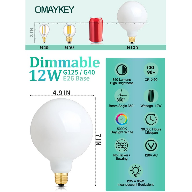 OMAYKEY 12W Dimmable Large LED Globe Opal Glass Bulb, 5000K