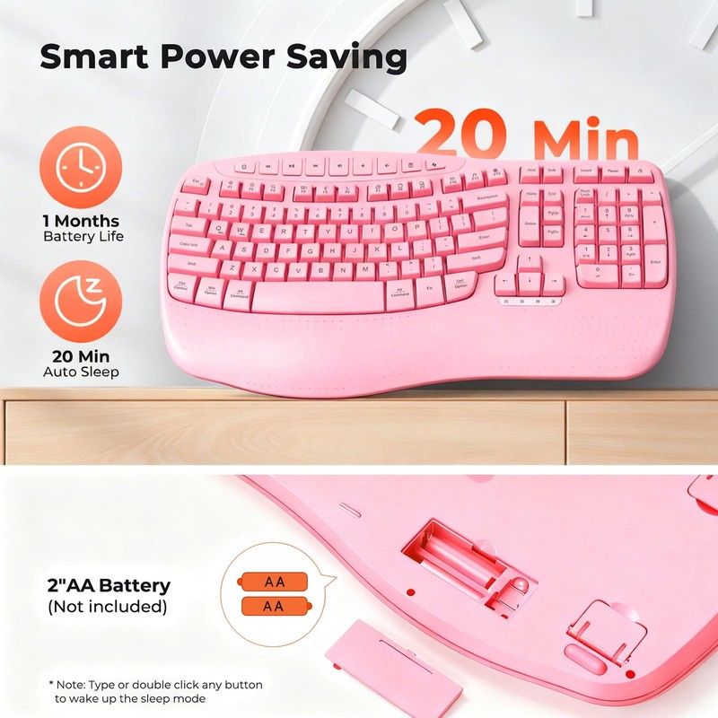 Wireless Ergonomic Keyboard with Wave Keys and Wrist Rest -