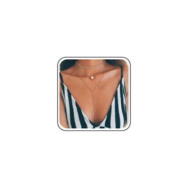 Inilbran Boho Layered Tennis Chain Necklaces Gold Pearl Y Drop Necklace Multilayer Satellite Chain Drop Necklace Vintage Rhinestone Pearl Necklace Chain Jewelry for Women and Girls