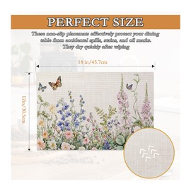 Wildflowers Placemats Set of 6,Flower Herbs Butterfly Spring Washable Linen Table Mats for Kitchen Dining,Indoor Outdoor Decor,12 x 18 Inches