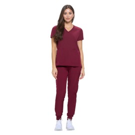 ACTIVE UNIFORMS Women's Essential Scrub Set Cool Stretch Jogger Scrub Top and Pant Nursing Uniform Clearance Workwear (Burgundy, XX-Large)