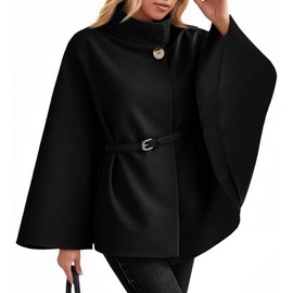Cicy Bell Womens Batwing Sleeve Poncho Pea Coats Oversized Belted Trendy Casual Stand Collar Cloak Cape Coats