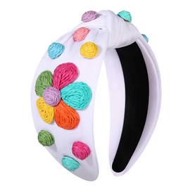 NVENF Raffia Flower Headbands Summer Headband for Women Boho Straw Rattan Floral Knotted Headbands Colorful Summer Hair Accessories Beach Vacation Outfits Gifts (Flower A - White)