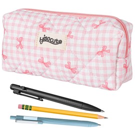 Ymapinc Bow Pink and White Pencil Case, Soft Zipper Bow Bag, Cute Pink White Aesthetic Zipper Checkered Quilted Pencil Pouch for Women Ideal Makeup Bag