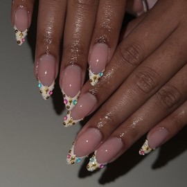 24Pcs Almond Press on Nails French Tip Fake Nails 3D Handmade False Nails with Colorful Rhinestones Shiny Gold Star Nails Press ons Acrylic Nail Sparkly Glue on Nails for Women