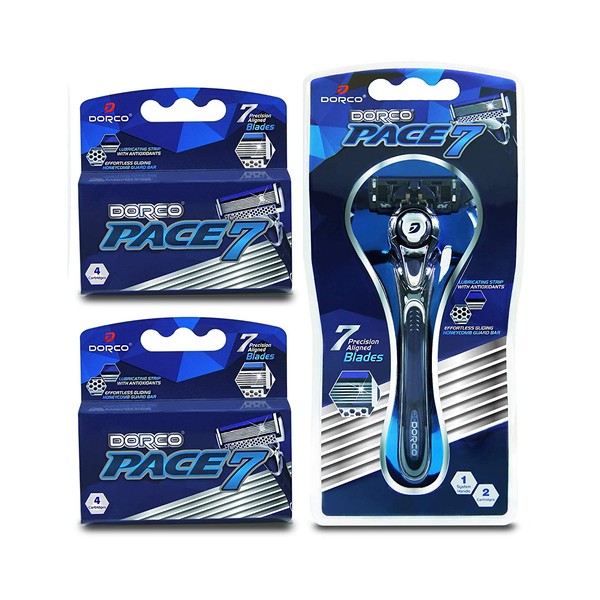 Dorco Pace 7 - World's First and Only Seven Blade Razor System - Value Pack (10 Cartridges + 1 Handle)