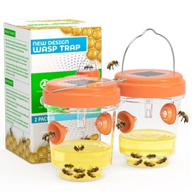 2 Pack Wasp Traps Outdoor Hanging, Solar Powered Carpenter Bee Traps for Outside with Rubber Whiskers and LED Light, Yellow Jacket Trap for Orchard, Farm, Garden, Patio, Yard