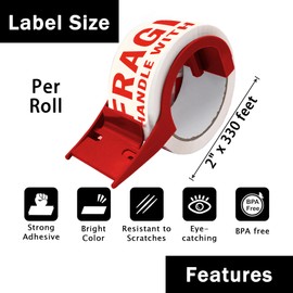 GMKbuy 2 Inch x 500 ft (167 Yards) Fragile Tape for Shipping 1 Roll – Easy Tear with Dispenser, Permanent Adhesive Warning Labels for Shipping Box, Carton, Parcel, Package, Pallet & More