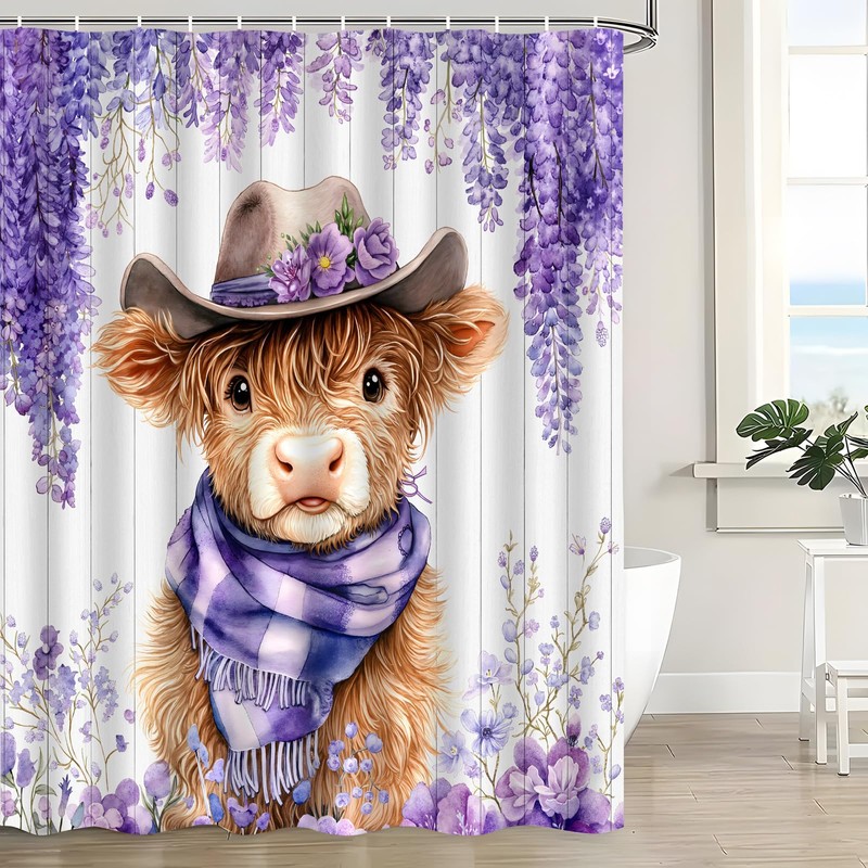 UPUMKSK Cute Highland Cow Shower Curtain Purple Flower, 70x70 Inch