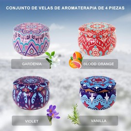DQST Velas Aromaticas en 4 Latas, Cera de Soja 100 % Pura(Por Lata 2.2 Onzas), Aromaterapia，Alivio Del Estrés y Relajación, Adecuado para Yoga, Meditación, Navidad, Día de San Valentín (4 colores C)