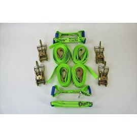 SnS 8 Point Kit 18' Hi-VIZ Green DIAMOND WEAVE Car Tie-Downs with Twisted Snap Hooks
