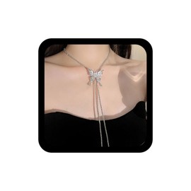 Wendalern Long Lariat Necklaces for Women Silver Butterfly Drop Y Necklace Butterfly Pendant Sliding Necklace Adjustable Box Link Chain Y Necklace Jewellery for Women Girls, Zinc, No Gemstone