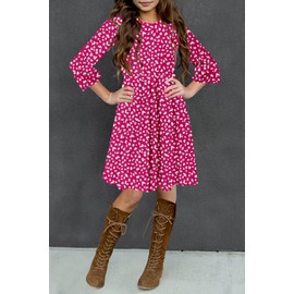 HOSIKA Girls Dress Ruffle Sleeve Vintage Floral Leopard Pleated Waist Summer Boho Holiday Sundress for Kids 6-12 Years Rose Red S