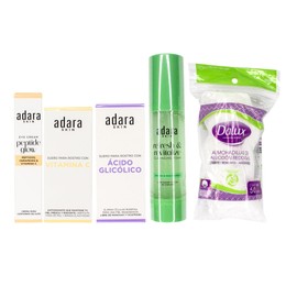 Kit Viral Skincare Facial Completo, Suero para Rostro de Vitamina C, Acido Glicolico, Crema Contorno de Ojos de Peptidos, Ceramidas y Vitamina C, Espuma Limpiadora Adara y Almohadillas de Algodon Dalux