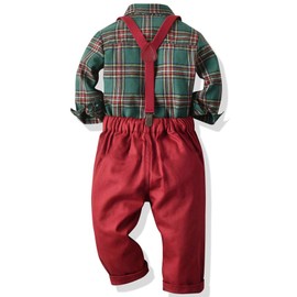 Xumplo Toddler Baby Boys Christmas Outfits Kids Gentleman Suit Xmas Outfit Tuxedo Plaid Shirts Long Sleeve Suspender Pants Set with Bow Tie 3-4 Years