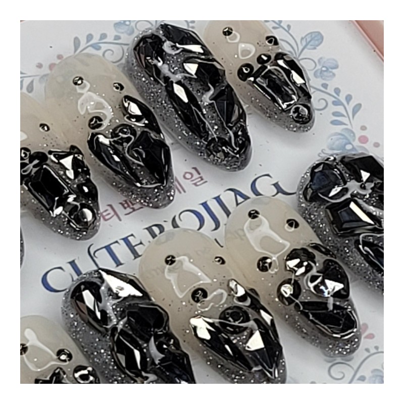 Black Full Stone Gra Handmade Nail Tip Pedi Tip -