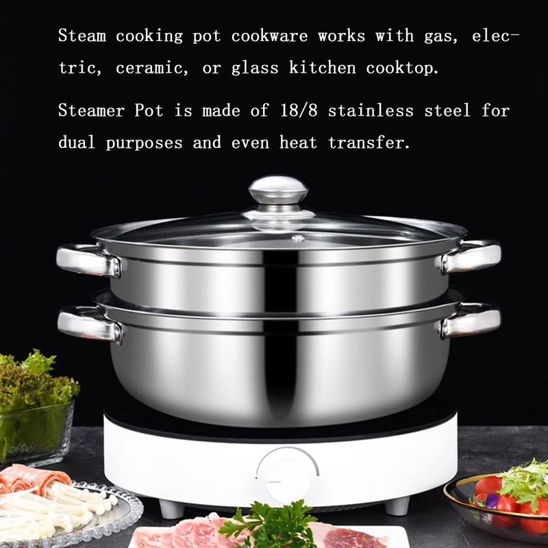 Steamer Pot for Cooking 11 inch Stainless Steel, 3-tier Multipurpose