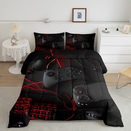 Feelyou Gamer Comforter Set for Boys Teens Kids Game Headphones Keyboard Mouse Gamepad Duvet Cover Twin Size Black Red Gaming Bedding Set Game Peripherals Decor Quilted Duvet Set with 1 Pillow Sham