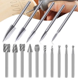 15Pcs Wood Carving Drill Bits Set for Rotary Tool, Power Tools Engraving Drill Bit Set, 10Pcs HSS Rotary Carbide Burr Set with 5Pcs Wood Carving Bits for DIY Woodworking, Carving, Drilling - 3mm Shank