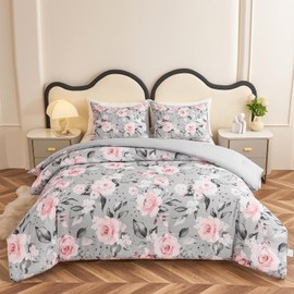 Koniroom 3 Pieces Pink and Grey Comforter Set Queen Size, Floral Bedding Sets with Pink Flowers and Leaves Pattern for Women Teen Girls, Reversible All Season Comforter with 2 Pillow Shams